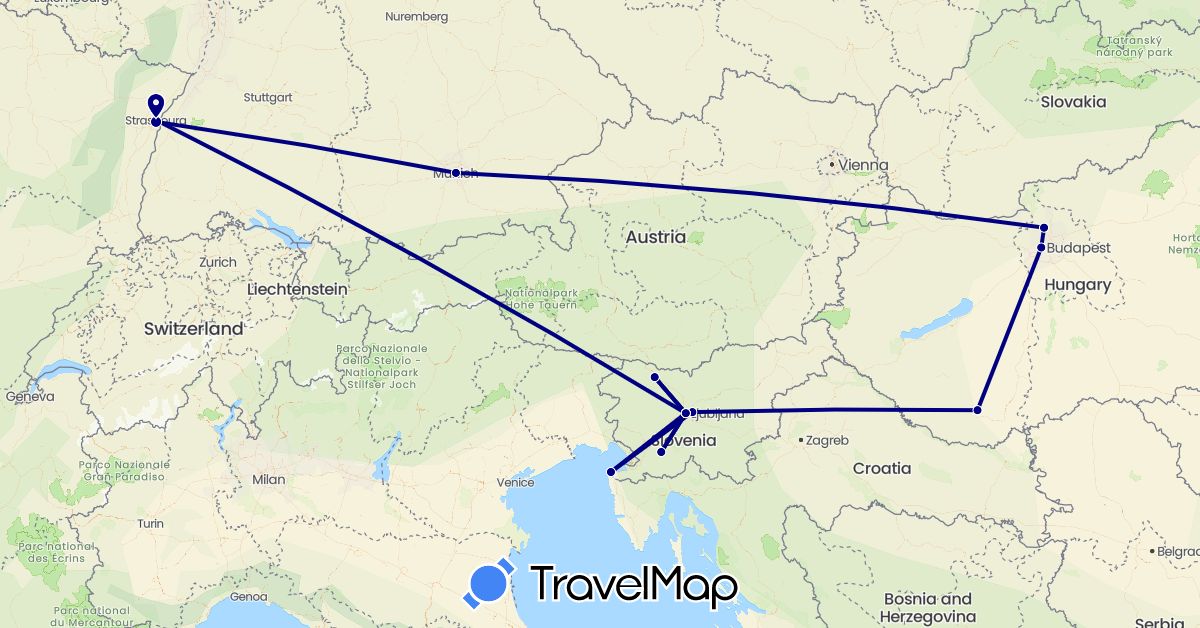TravelMap itinerary: driving in Germany, France, Hungary, Slovenia (Europe)